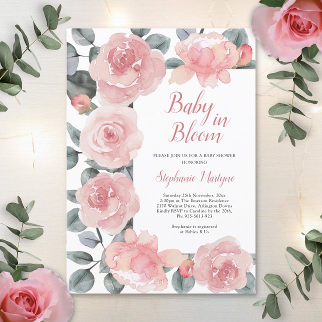 Invitación Eucalyptus Rosa Dusto Bebé En Baby Shower En Bloom (Subido por el creador)