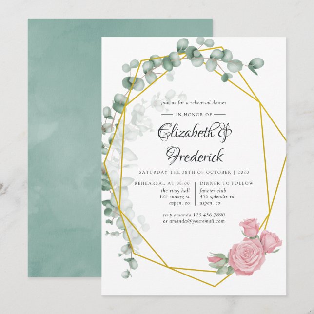 Invitación Eucalyptus Rosa Ensayo Geométrico Cena (Anverso / Reverso)