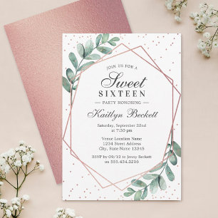 Invitación Eucalyptus Rosa Oro Dulce Geométrico Dieciséis