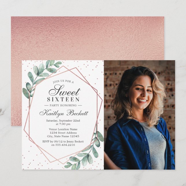Invitación Eucalyptus Rosa Oro Dulce Geométrico Dieciséis Fot (Anverso / Reverso)