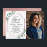 Invitación Eucalyptus Rosa Oro Dulce Geométrico Dieciséis Fot<br><div class="desc">Celebra con estilo estas elegantes y muy modernas invitaciones dulces de dieciséis años. Este diseño es fácil de personalizar con su redacción y foto especial para eventos y sus invitados estarán encantados cuando reciban estas fabulosas invitaciones.</div>
