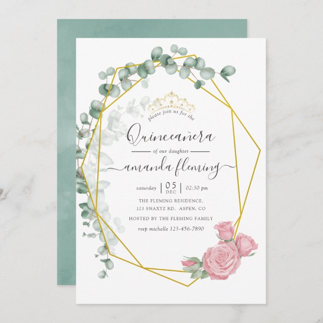 Invitación Eucalyptus Rosa Quinceañera geométrica (Anverso / Reverso)