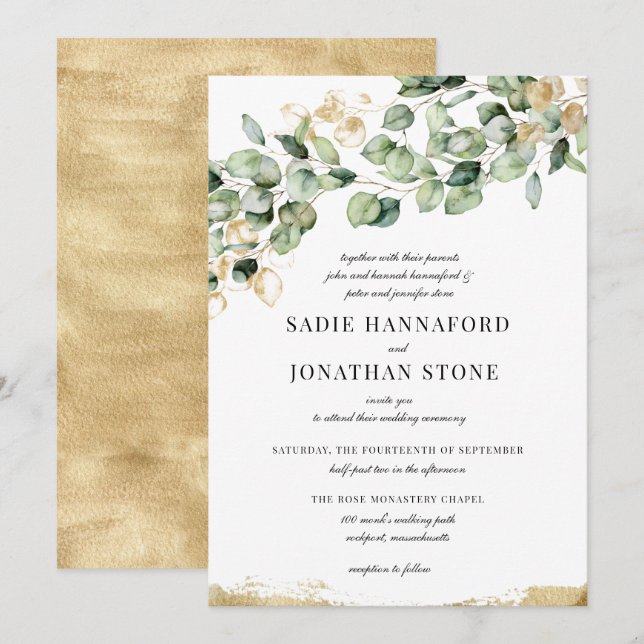 Invitación Eucalyptus Rustic Gold Elegant Boda Botánico (Anverso / Reverso)