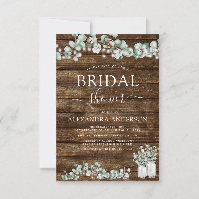 Invitación Eucalyptus Rustic Wood Bridal Shower Lights Jar (Anverso)