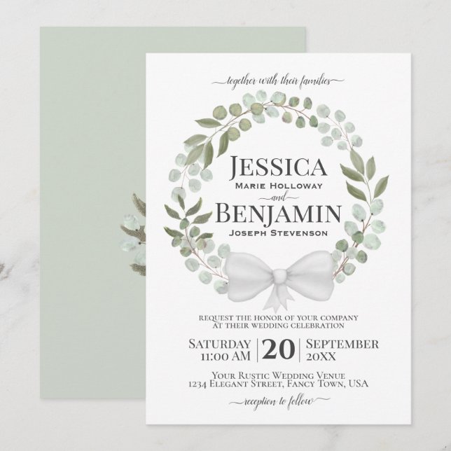 Invitación Eucalyptus Rustic Wreath Elegant Boho Boda (Anverso / Reverso)