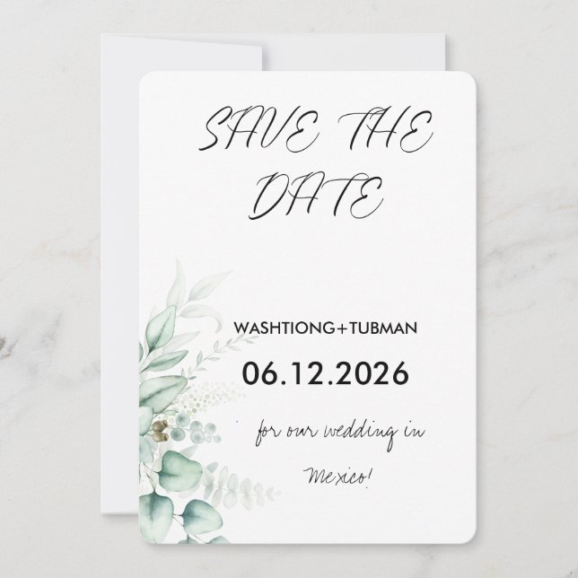 Invitación Eucalyptus Rústica Boda de Verdor Salvar La Fecha (Anverso)