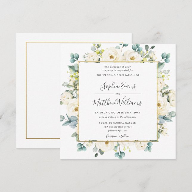 Invitación Eucalyptus Rústico Boda Floral Blanco Marfil (Anverso / Reverso)