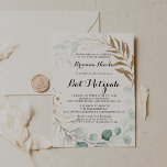 Invitación Eucalyptus Rústico Caligrafía De Oro Bat Mitzvah<br><div class="desc">Esta rústica invitación al murciélago mitzvah con caligrafía de oro de eucalipto es perfecta para una simple mitzvah de murciélago. Este diseño artístico presenta un follaje dorado a mano floral y acuarela de eucalipto verde,  bellamente acondicionado en un marco geométrico elegante.</div>