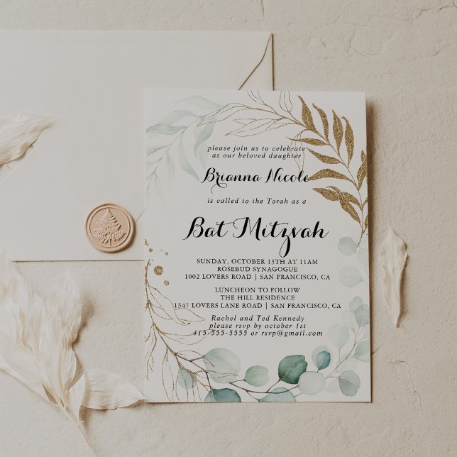 Invitación Eucalyptus Rústico Caligrafía De Oro Bat Mitzvah (Subido por el creador)