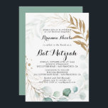 Invitación Eucalyptus Rústico Caligrafía De Oro Bat Mitzvah<br><div class="desc">Esta rústica invitación al murciélago mitzvah con caligrafía de oro de eucalipto es perfecta para una simple mitzvah de murciélago. Este diseño artístico presenta un follaje dorado a mano floral y acuarela de eucalipto verde,  bellamente acondicionado en un marco geométrico elegante.</div>