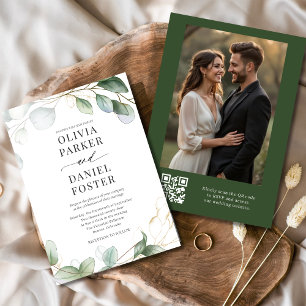 Invitación Eucalyptus Rústico Código QR Foto Boda de verde