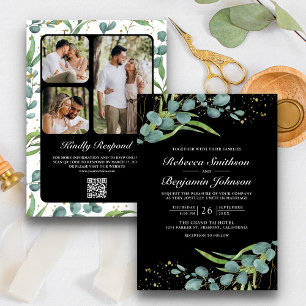 Invitación Eucalyptus Rústico Foto Código QR Boda negro