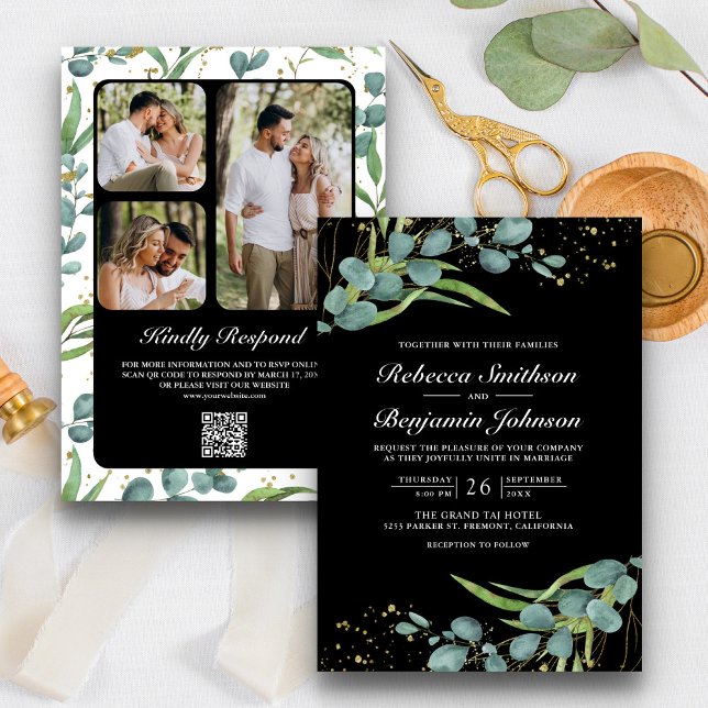 Invitación Eucalyptus Rústico Foto Código QR Boda negro (Subido por el creador)