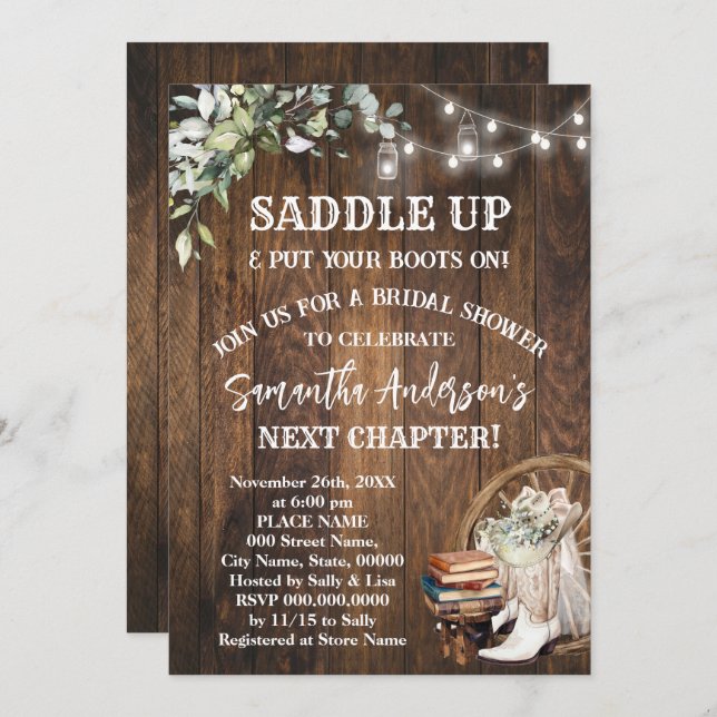 Invitación Eucalyptus Saddle Up Boots & Books Bridal Shower (Anverso / Reverso)