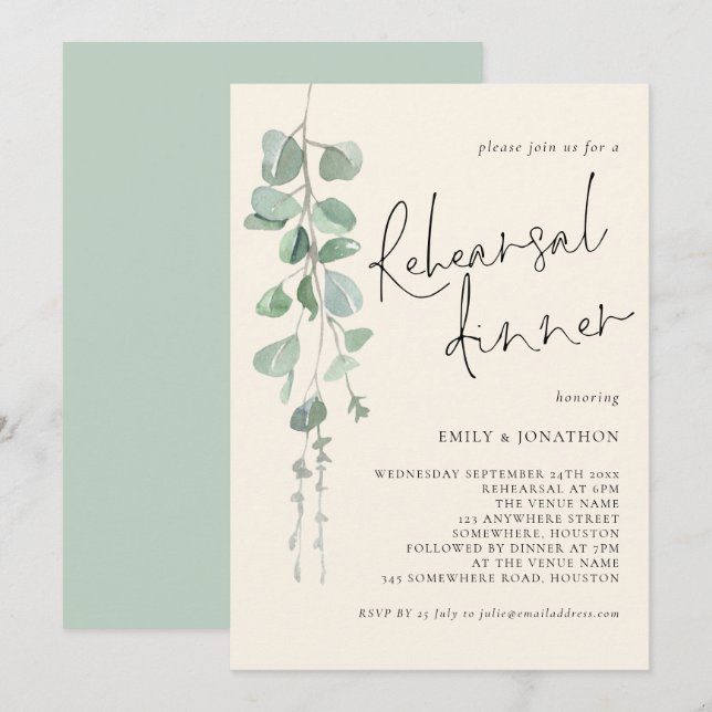 Invitación Eucalyptus Sage Cream Ensayo Cena (Anverso / Reverso)
