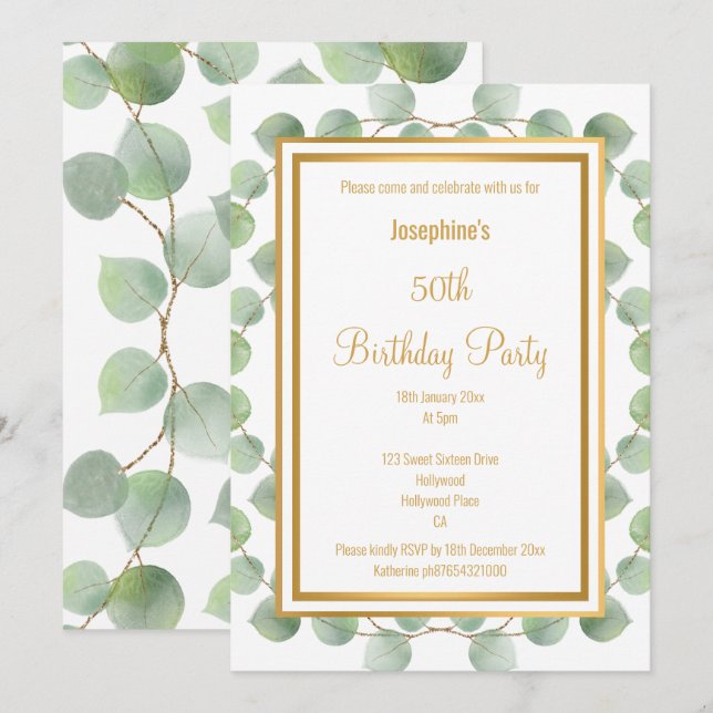 INVITACIÓN EUCALYPTUS SAGE GREEN GOLD BIRTHDAY INVITATION (Anverso / Reverso)