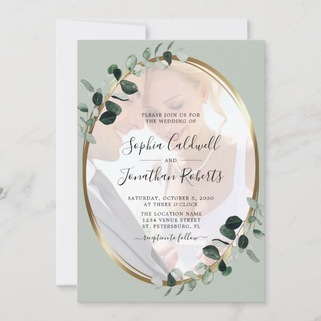 Invitación Eucalyptus Sage Photo Gold Metallic Boda (Anverso)