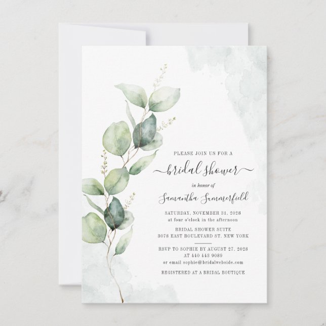 Invitación Eucalyptus Script Greenery Bridal Shower (Anverso)