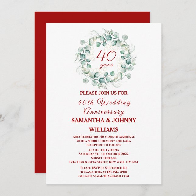 Invitación Eucalyptus Script Ruby 40° Aniversario del Boda (Anverso / Reverso)