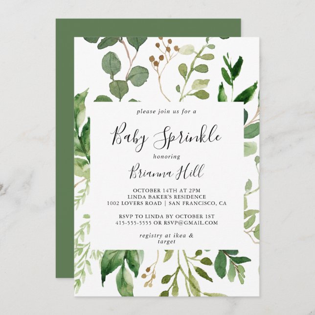 Invitación Eucalyptus Sencilla Floral Bebé Marrón Sprinkle (Anverso / Reverso)