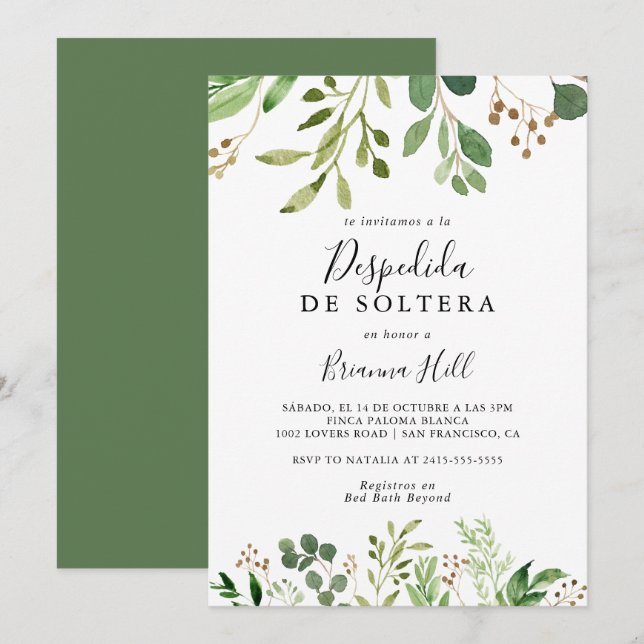 Invitación Eucalyptus Sencilla Floral Española Ducha De Novia (Anverso / Reverso)