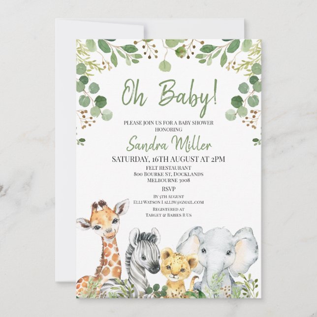 Invitación Eucalyptus Sexo Safari Neutral Baby Shower (Anverso)