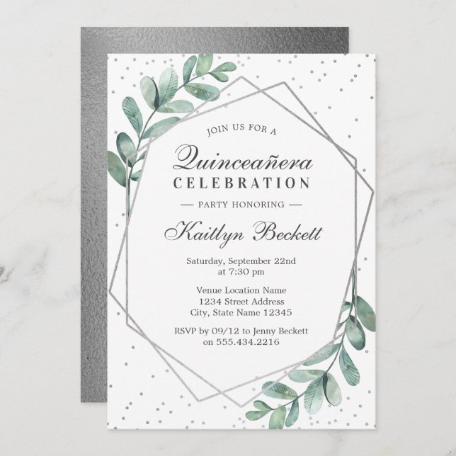 Invitación Eucalyptus Silver Geometric Quinceañera Cumpleaños (Anverso / Reverso)