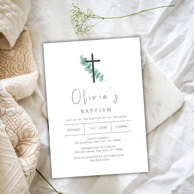 Invitación Eucalyptus simple bautismo cruzado de cristianismo (Simple Eucalyptus Cross Christening Baptism Invitation)