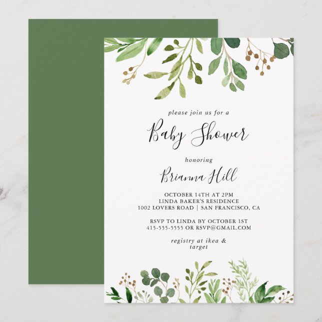 Invitación Eucalyptus Simple Brown Floral Baby Shower (Anverso / Reverso)