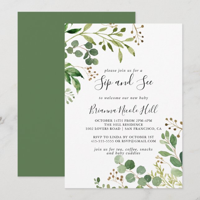 Invitación Eucalyptus Simple Brown Floral Sip y See (Anverso / Reverso)