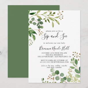 Invitación Eucalyptus Simple Brown Floral Sip y See