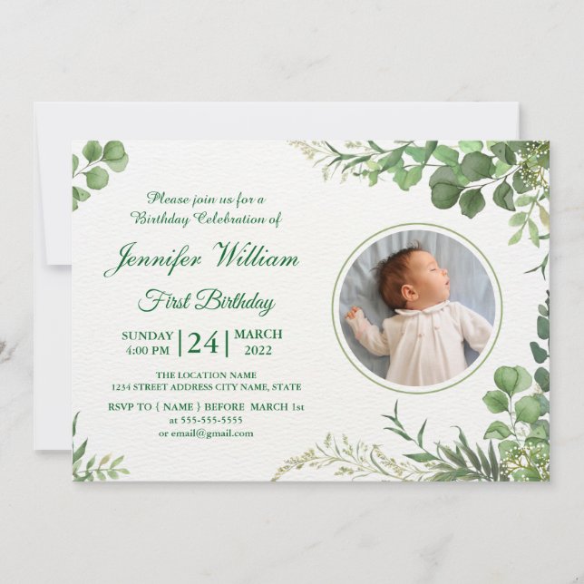 Invitación Eucalyptus Simple Elegante Bebé Cute Primer Cumple (Anverso)
