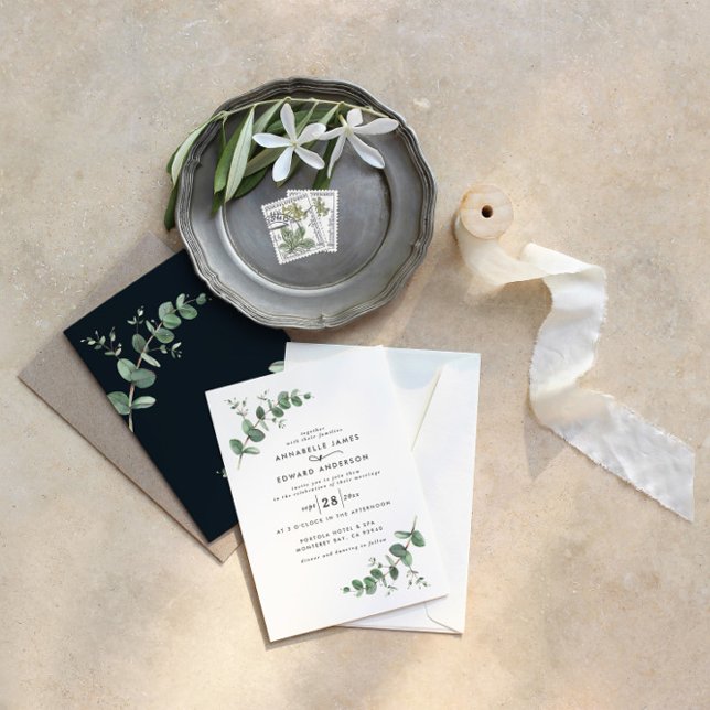 Invitación Eucalyptus simple elegante blanco negro moderno (Subido por el creador)