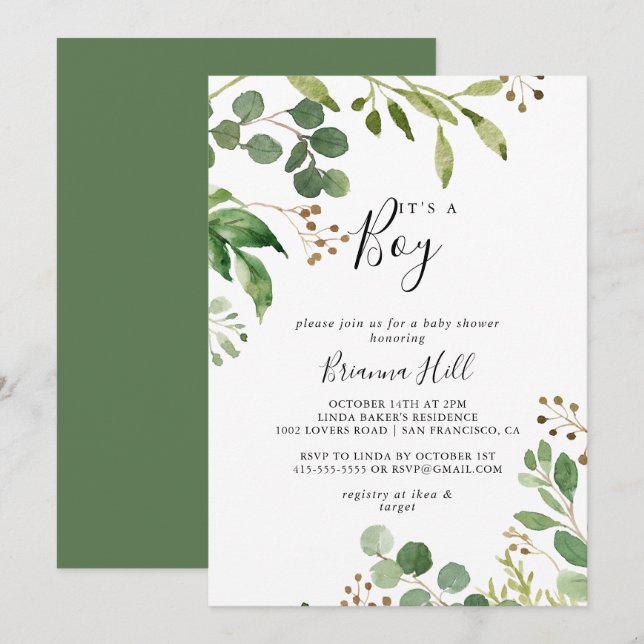 Invitación Eucalyptus Simple Floral es un niño Baby Shower (Anverso / Reverso)
