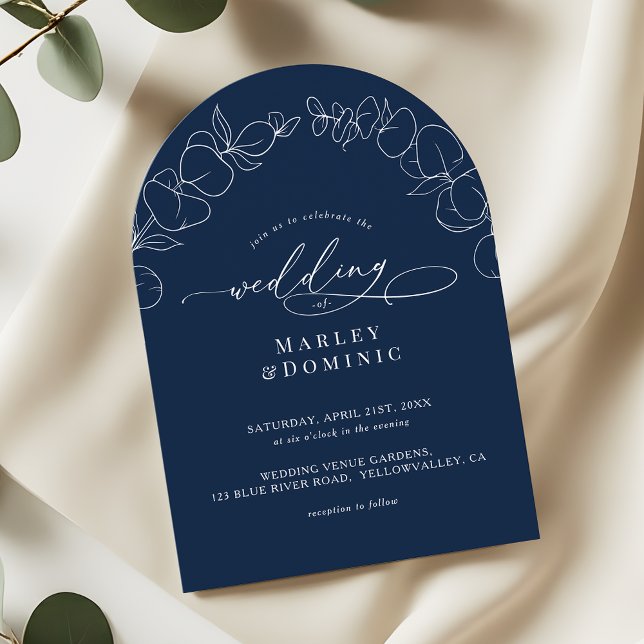 Invitación Eucalyptus Springs Script Navy Blue Arch Wedding (Subido por el creador)
