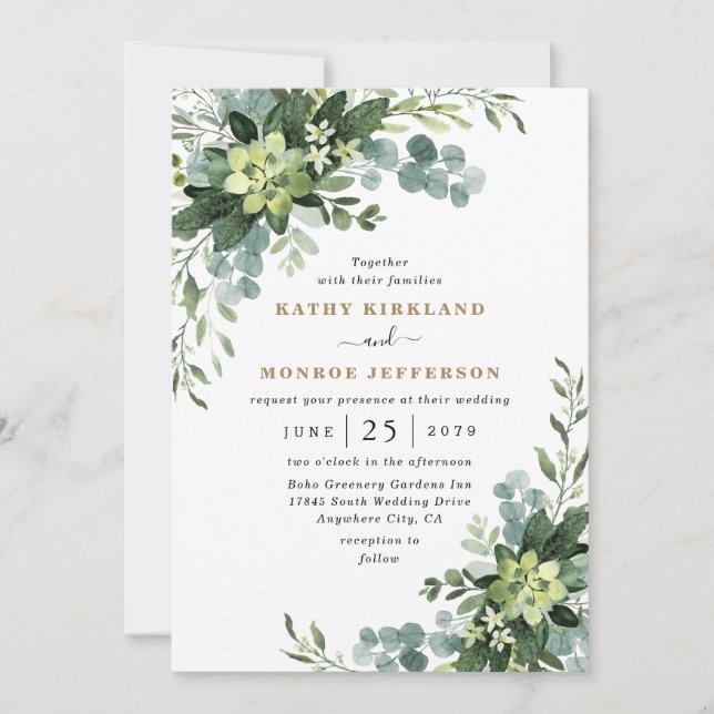 Invitación Eucalyptus Succulant Elegant Boho Greenery Boda (Anverso)