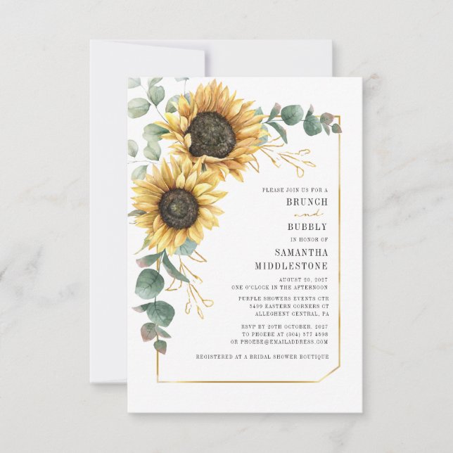 Invitación Eucalyptus Sunflower Bridal Shower Brunch Bubbly (Anverso)