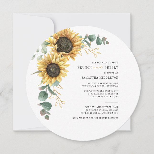 Invitación Eucalyptus Sunflower Brunch Bubbly Bridal Shower (Anverso)