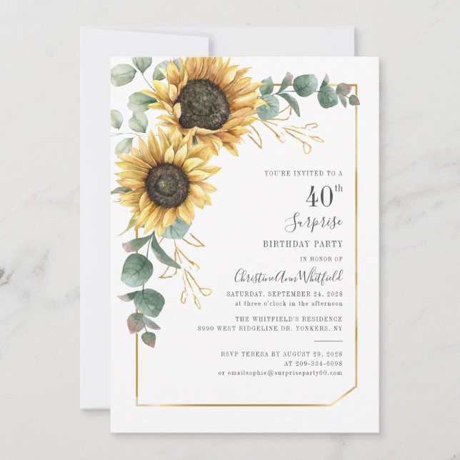 Invitación Eucalyptus Sunflower Floral 40 cumpleaños (Anverso)