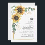 Invitación Eucalyptus Sunflower Floral 40 cumpleaños<br><div class="desc">Eucalyptus Sunflower Floral Script 40th Birthday Invitation puede personalizar fácilmente con los detalles de su fiesta haciendo clic en el botón "Personalizar". Con flores y vegetación amarillo brillante suculento con un marco geométrico de Relieve metalizado dorado y tipografía moderna</div>