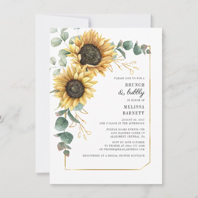 Invitación Eucalyptus Sunflower Floral Green Brunch Bubbly (Anverso)