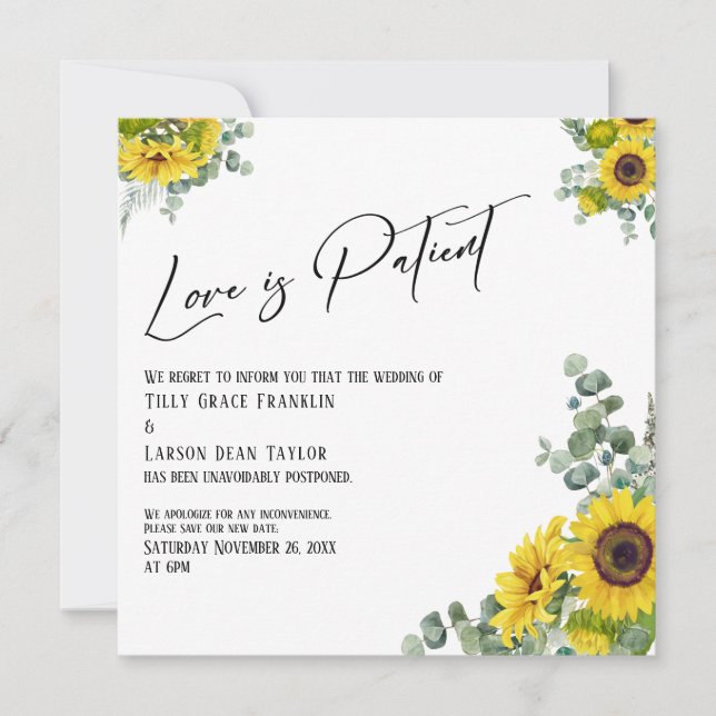 Invitación Eucalyptus Sunflower Love is Patient Delay Card (Anverso)