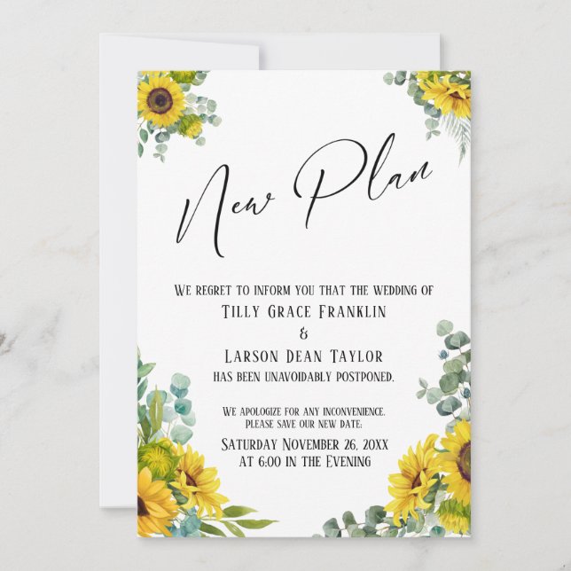 Invitación Eucalyptus Sunflower Nuevo plan Boda retrasado (Anverso)