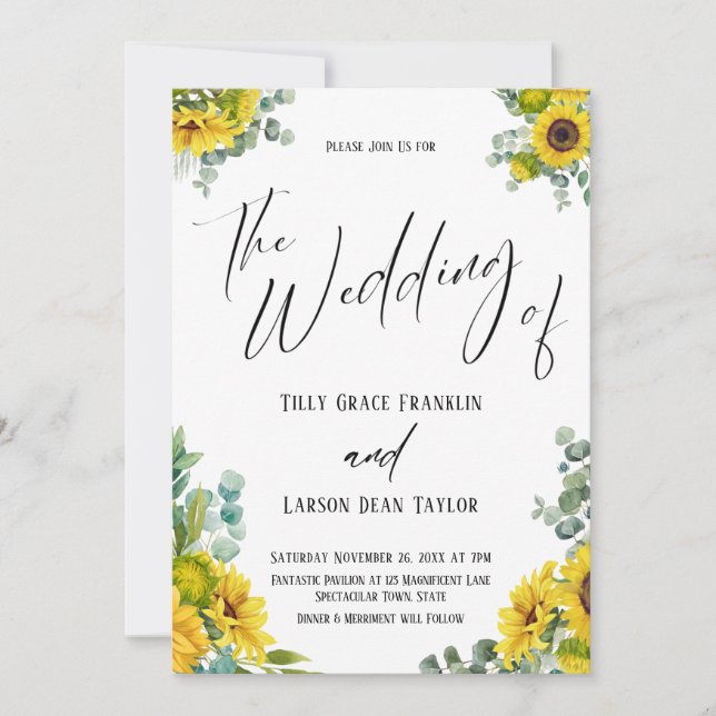 Invitación Eucalyptus Sunflowers Escritura A Mano Del Boda De (Anverso)