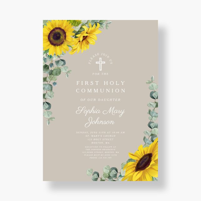 Invitación Eucalyptus Taupe Cross Primera Comunión (Sunflower Eucalyptus Taupe Cross First Communion Invitation)