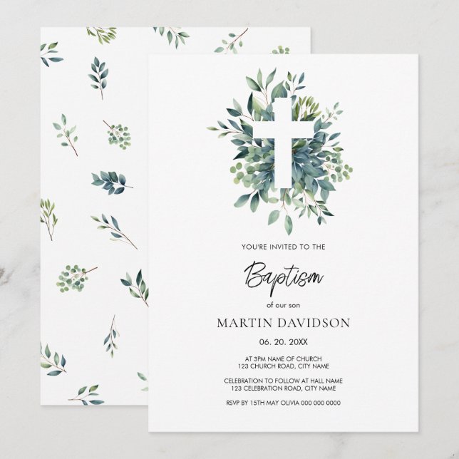 Invitación Eucalyptus vegetación botánica Baptismo Christenin (Anverso / Reverso)