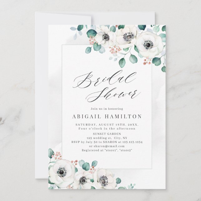 Invitación Eucalyptus verde anemone floral ducha de novia i (Anverso)