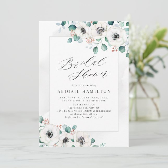 Invitación Eucalyptus verde anemone floral ducha de novia i (Anverso de pie)