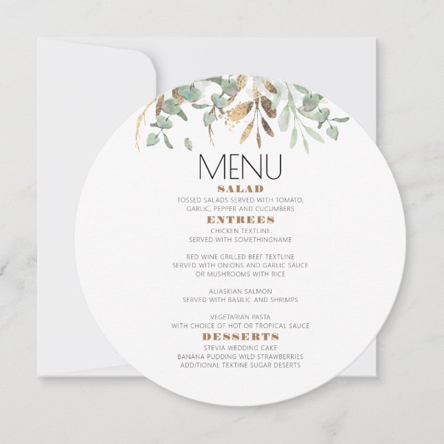 Invitación Eucalyptus, verde dorado, deja el menú del follaje (Anverso)