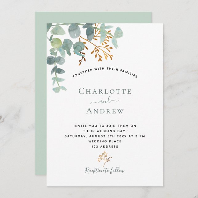Invitación Eucalyptus verde elegante oro boda moderno (Anverso / Reverso)
